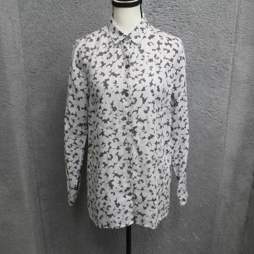 J‎ Jill Love Linen Essential Shirt Women XS Gray Geo Print 100% Linen Button Up